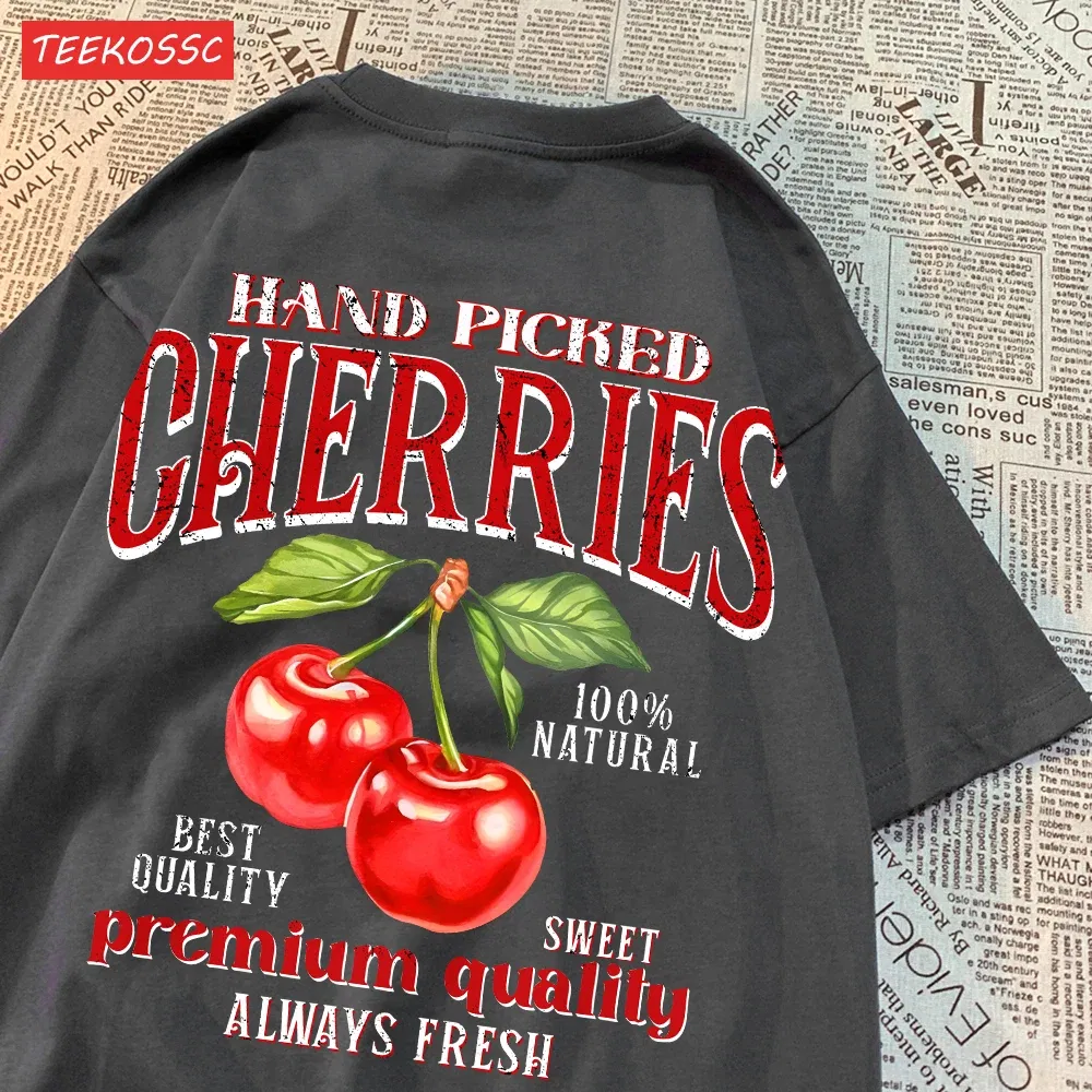 Color: green, Size: S - Summer Lemon Cherries Prints T-Shirts Cotton Women's Tops Oversize O-Neck Soft Short Sleeve tees Street Casual Womans Clothes