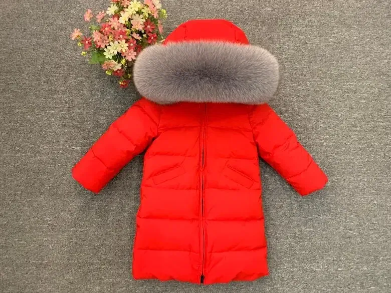 Color: Ivory, Kid Size: 12M - Children Girl boy Winter real fur thickened down jackets 90 down Long Coat jacket overcoat baby kids clothing -30 outwear ws1245