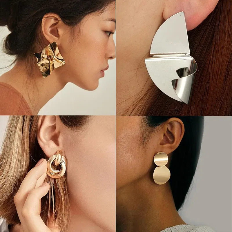 Metal Color: Vermeil - Gold Color Metal Drop Earrings Irregular Hollow Heart Pendants Earrings Twisted Geometric Personality Earrings for Women