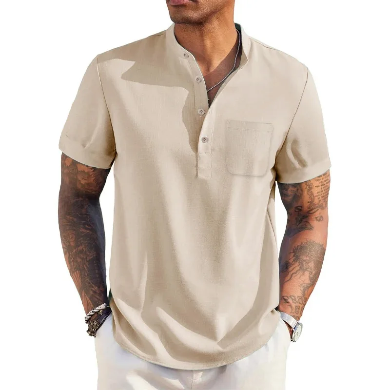 Color: GRAY, Size: M - Summer Men's Cotton Linen T-Shirt Henley Neck Pocket Casual Lightweight Breathable Beach Shirt Solid Color Basic Style Tops