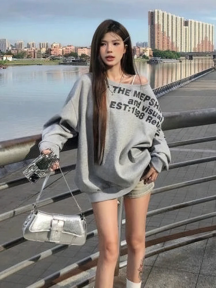 Color: Beige, Size: L - Y2k Sexy Oversize T shirt Women Streetwear Print Long sleeve Basic Top Lady Fall Winter Korean Fashion Oversized Tees Shirt