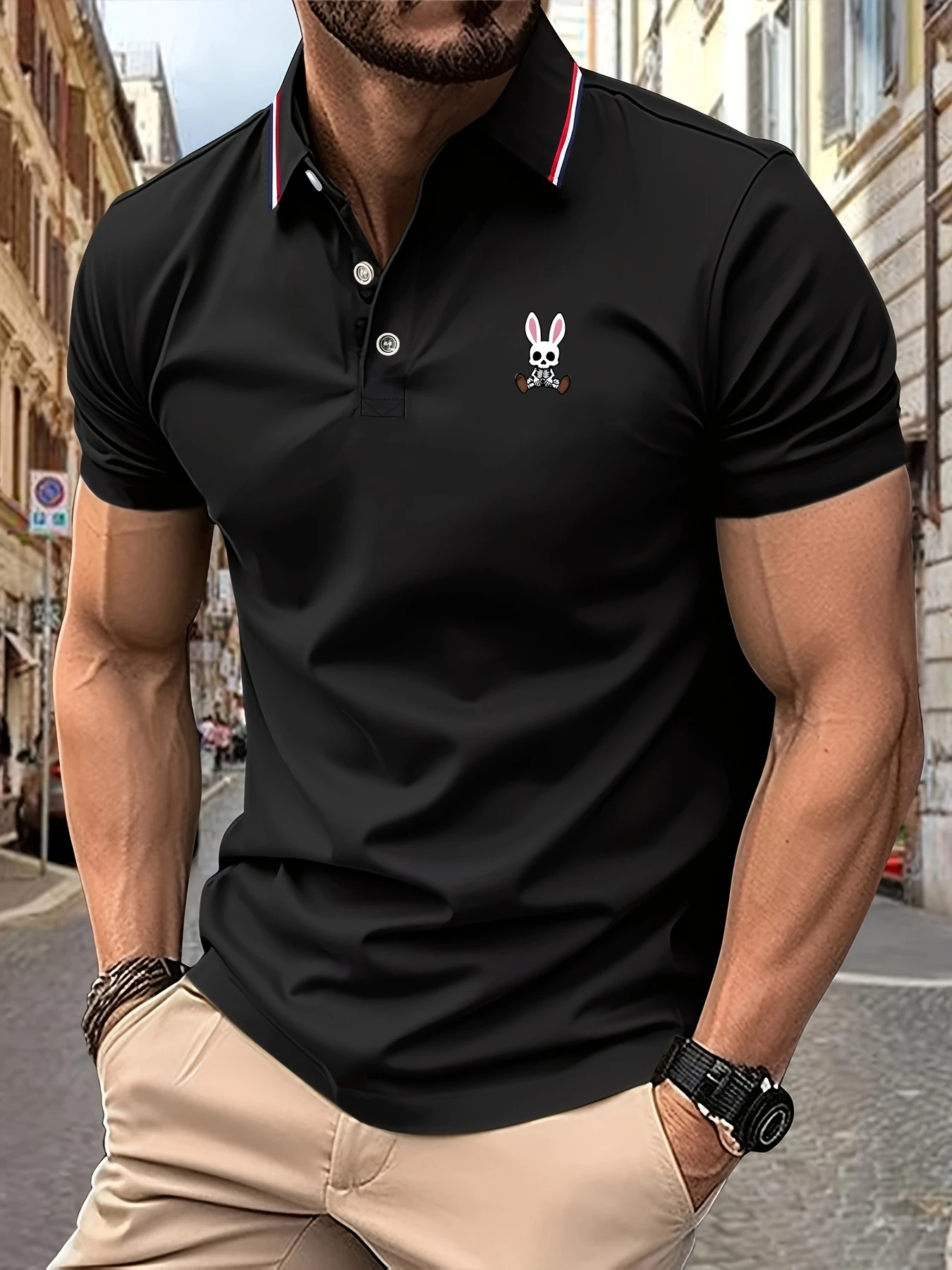Color: black, Size: XXL - Mens Polo Shirts Skulls Rabbit Print 2025 New Summer Lapel Stripes Men Short Sleeve Casual Breathable Light Luxury T-Shirt