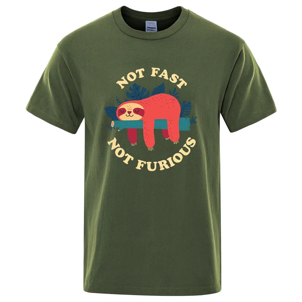 Color: Yellow, Size: L - Not Fast Not Furious Sloth Cute Print Men Tee Shirts Breathable Cotton Tops Street Fashion T-shirt Women Casual Summer T Shirts