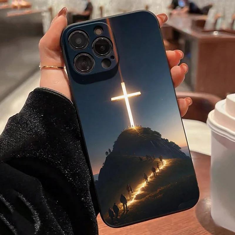 Color: Beige, Compatible-Phone Models: For iPhone 16 Plus - Jesus Cross Painted Phone Case For iPhone 16 15 14 13 12 11 Pro Max XS X XR 7 8 Plus Mini SE 2020 2022