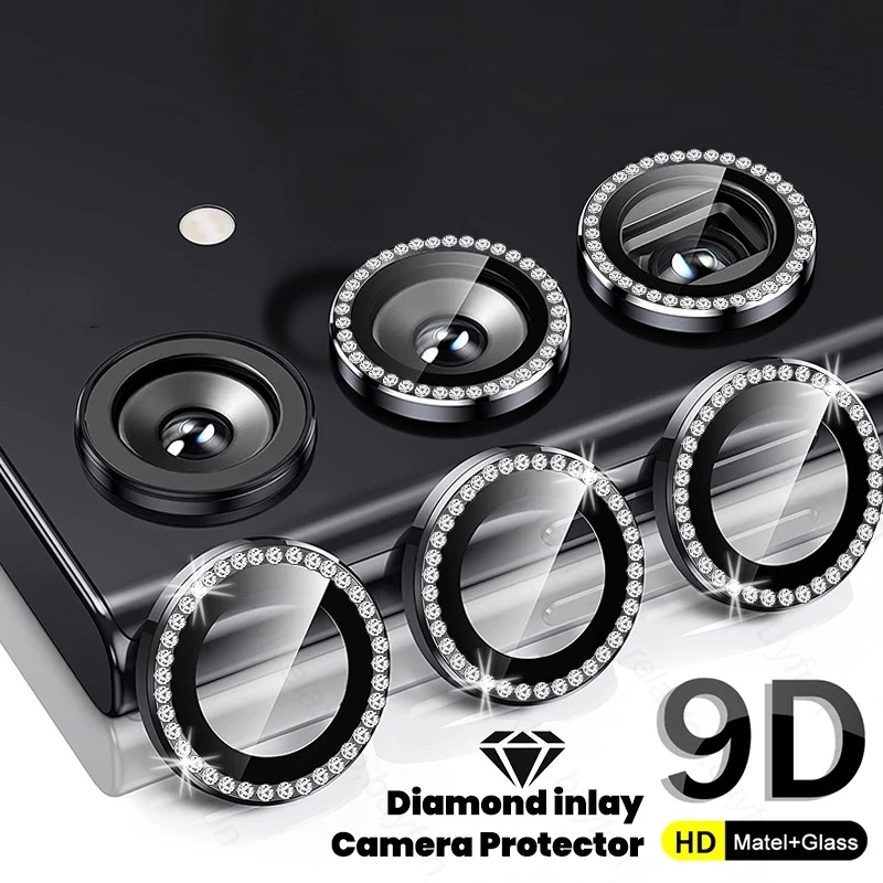 Material: aluminum, Color: black - Bling 3D Diamond Metal Camera Ring Protector for Samsung Galaxy A55 A35 A25 A15 A05 5G Alloy Lens HD Tempered Glass Protect Cap