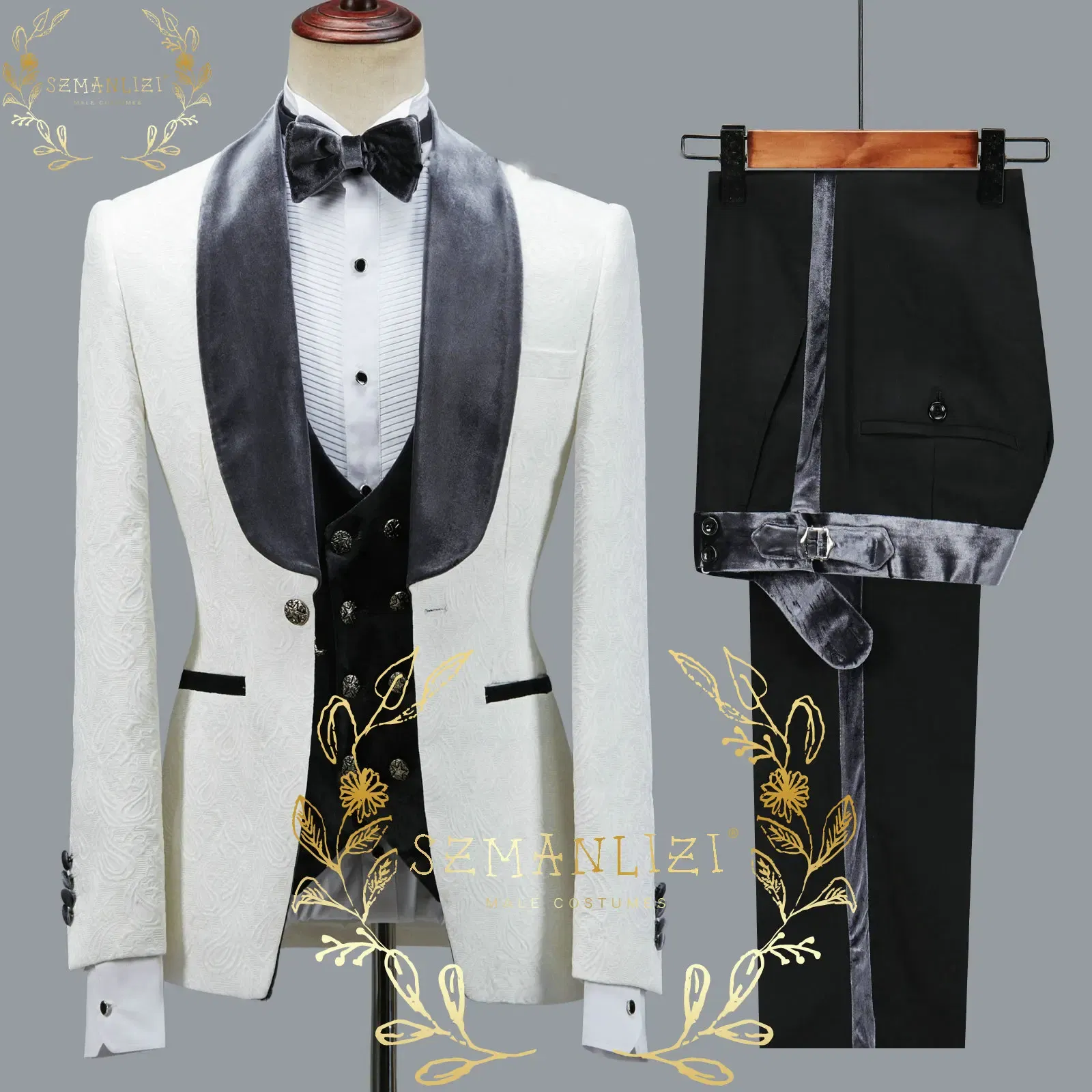 Color: Brown, Size: XXXL - SZMANLIZI 2022 Latest Designs Black Floral Party Blazer Men Suits Costume Homme Groom Tuxedos Wedding Terno Masculino 3 Pieces