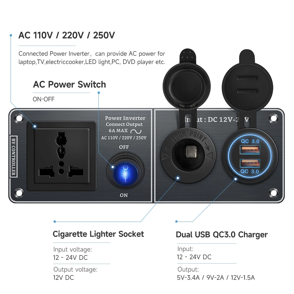 Color Name: WHITE, Ships From: CHINA - Car Charger Multi-Functions Aluminum Panel Inverter AC110V 220V Dual Port USB QC3.0 12V 24V for RV Yacht Travel Trailers