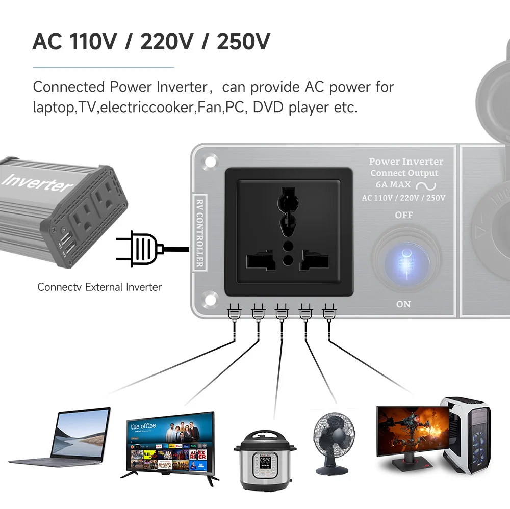 Color Name: WHITE, Ships From: CHINA - Car Charger Multi-Functions Aluminum Panel Inverter AC110V 220V Dual Port USB QC3.0 12V 24V for RV Yacht Travel Trailers