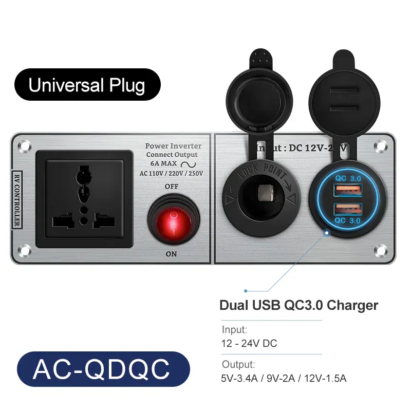 Color Name: WHITE, Ships From: CHINA - Car Charger Multi-Functions Aluminum Panel Inverter AC110V 220V Dual Port USB QC3.0 12V 24V for RV Yacht Travel Trailers