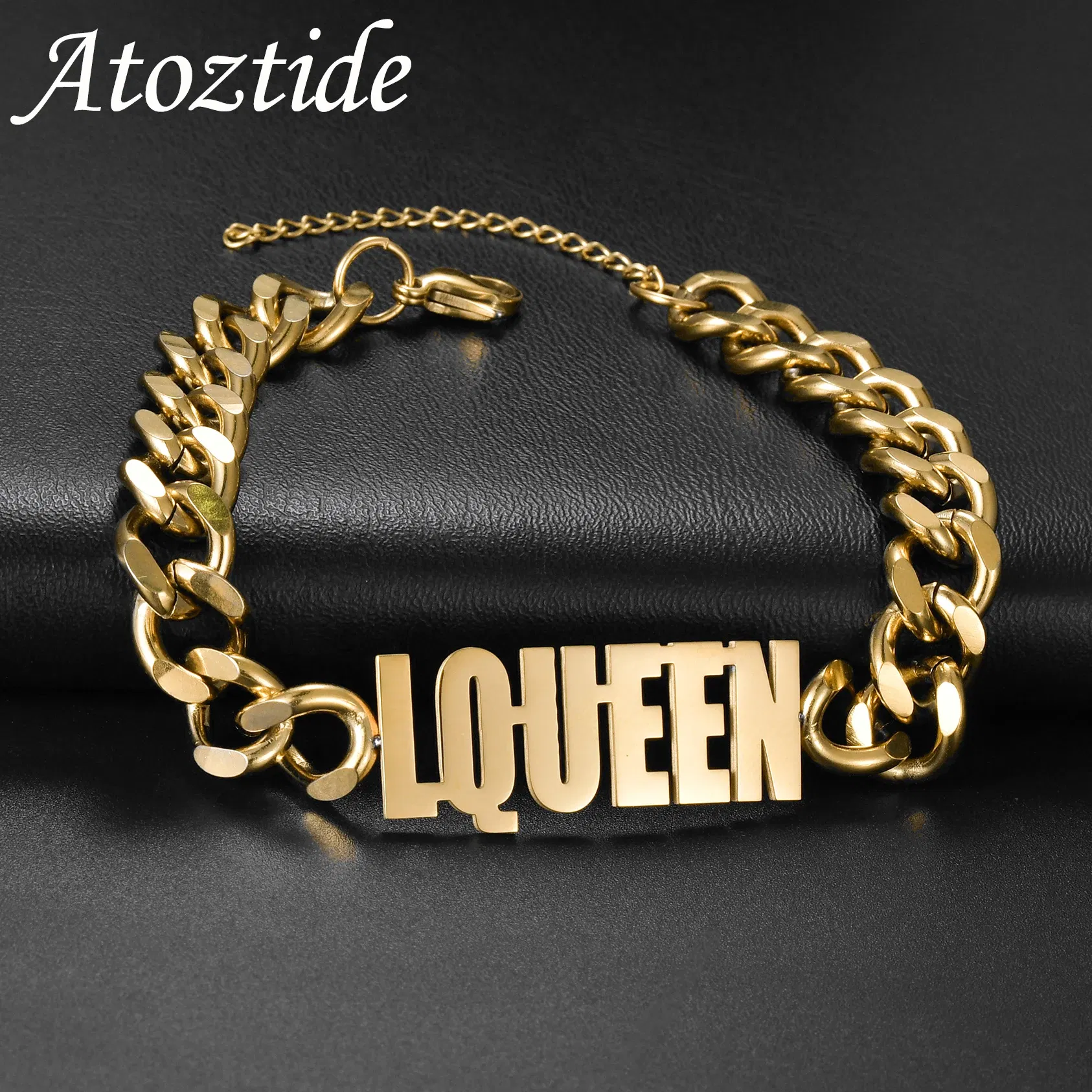 Metal Color: green, Length: 16cm, Main Stone Color: Silver - Atoztide Personalized Custom Name Bracelet for Women Men Stainless Steel 10mm Cuban Chain Nameplate Handmade Bangle Jewelry Gift