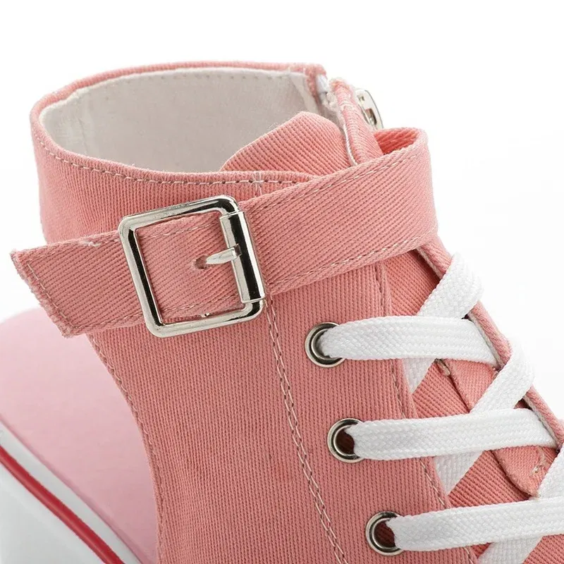 Color: Pink, Shoe Size: 43 - Spring Summer Women's Height Increasing Platform Canvas Fish Mouth Shoes Open Toe Hollow Canvas Wedge Shoes Zapatos Para Mujer
