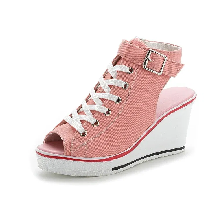 Color: Pink, Shoe Size: 43 - Spring Summer Women's Height Increasing Platform Canvas Fish Mouth Shoes Open Toe Hollow Canvas Wedge Shoes Zapatos Para Mujer