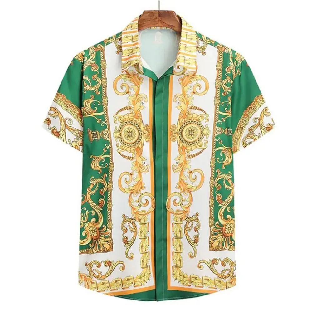 Color: Gold, Size: M - Summer Fashion Men's Short Sleeve Casual Shirts Luxury Style Gold Printed Tops Everyday Casual Wear Men's Shirts Oversized Tops