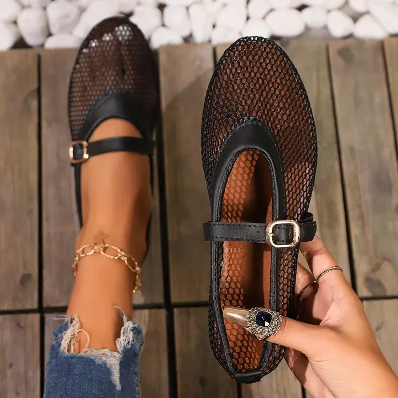 Color: WHITE, Shoe Size: 37 - Round head one buckle strap ballet shoes women's soft bottom flat hollow Mary Jane single fishing net shoes