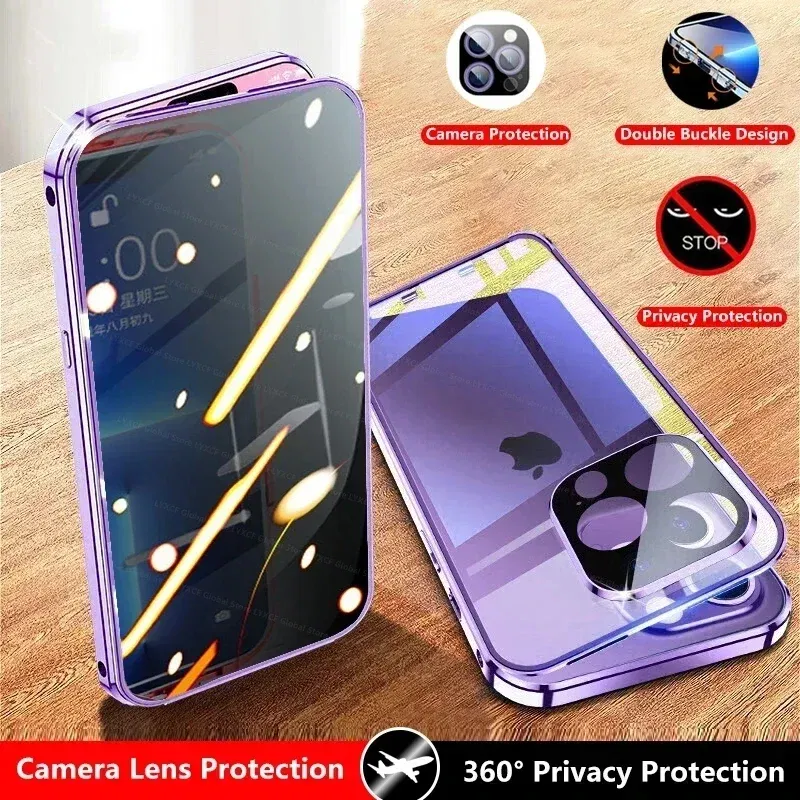 Color: Silver, Material: aluminum - Double-Sided Privacy Magnetic Case For iPhone 16 12 13 14 15 11 Pro Max 14 Plus 16 Plus Anti Peeping Full Cover Metal Frame Case
