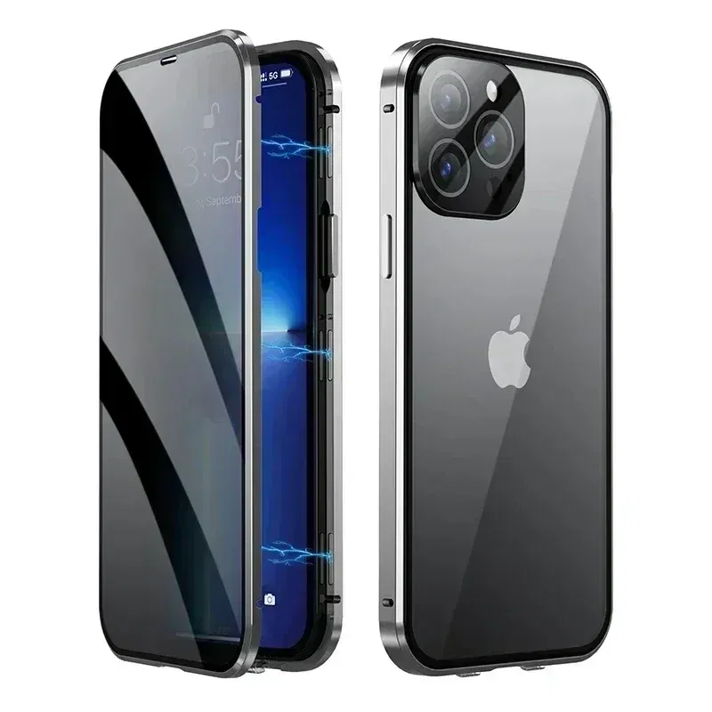 Color: Silver, Material: aluminum - Double-Sided Privacy Magnetic Case For iPhone 16 12 13 14 15 11 Pro Max 14 Plus 16 Plus Anti Peeping Full Cover Metal Frame Case