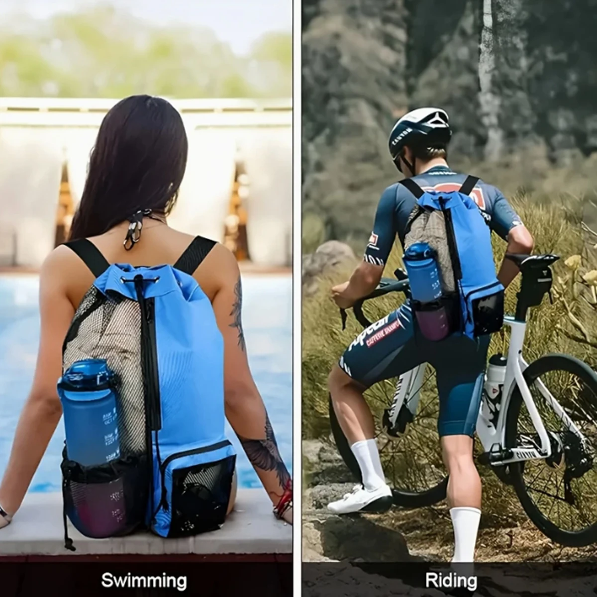 Color: GRAY - Outdoor beach backpack, swimming bag, mesh perforated drawstring backpack with wet bag, gym yoga exercise storage bag, 1 set