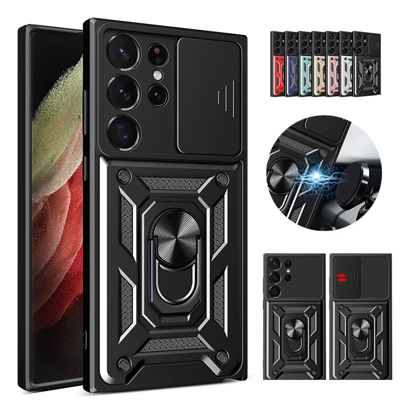 Material: Cotton Fabric, Color: Black - Shockproof Armor Case For Samsung Galaxy S20 S21 S22 S23 S24 Plus Ultra FE With Car Magnetic Ring Holder Phone Cover