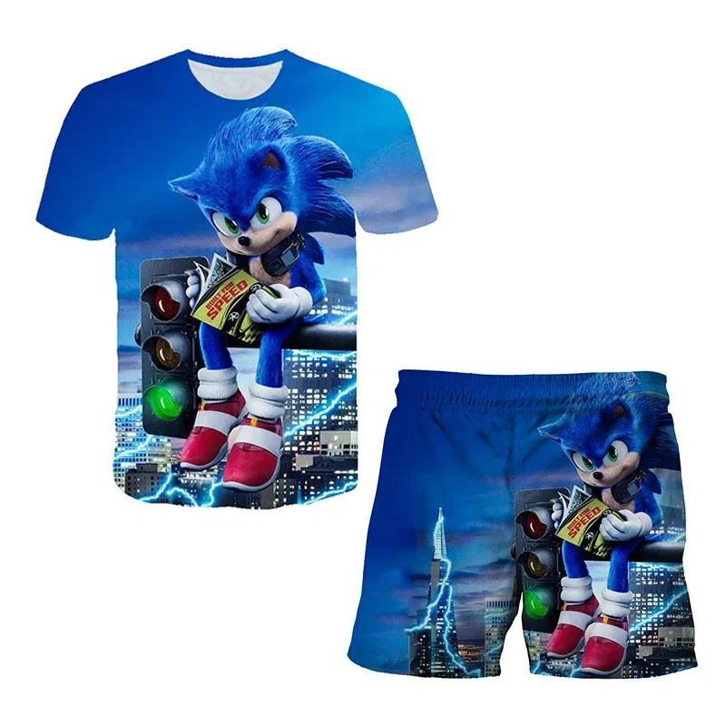 Color: green, Size: 40cm - New Japanese cartoon Sonic T-shirt children's top T-shirt shorts two-piece set summer boy cartoon cute T-shirt+beach pants