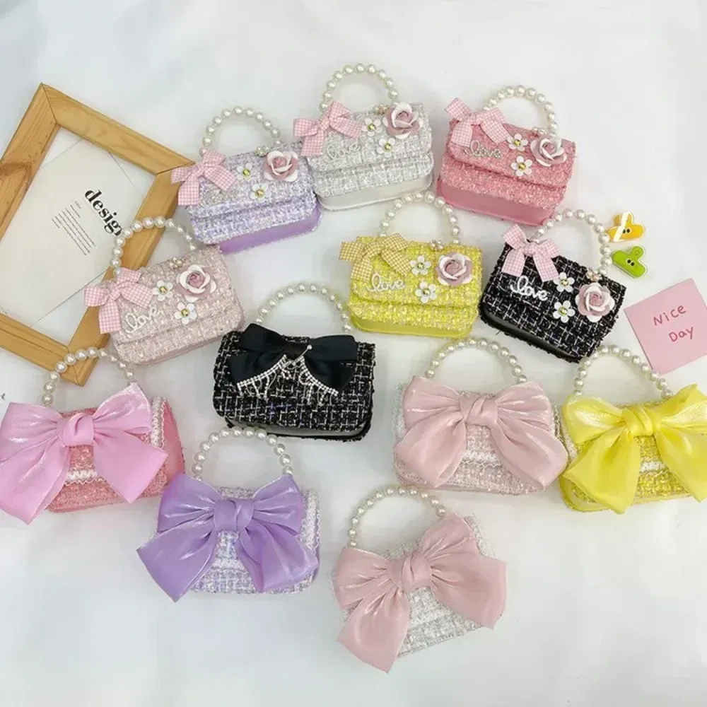 Color: SKY BLUE - New Children's Fashion Little Fragrant Wind Elsa Princess Bag Little Girl Pearl Handheld Crossbody Bag Net  Red envelope