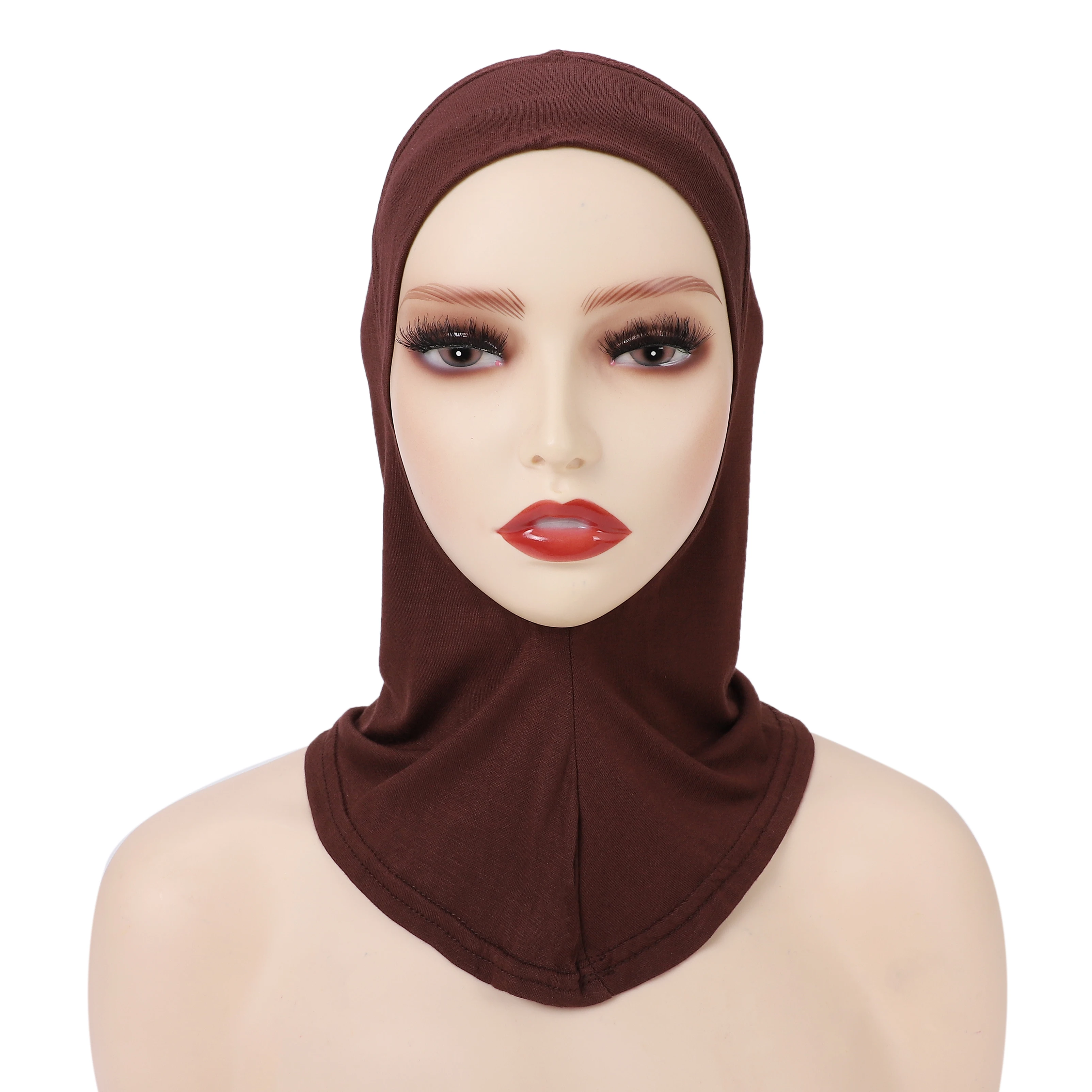 Color: Brown - 1 Piece Turban Caps for Women Muslim Underscarf Modal Hijab Inner Caps Stretchy Full Cover Shawl Cap Full Neck Coverage