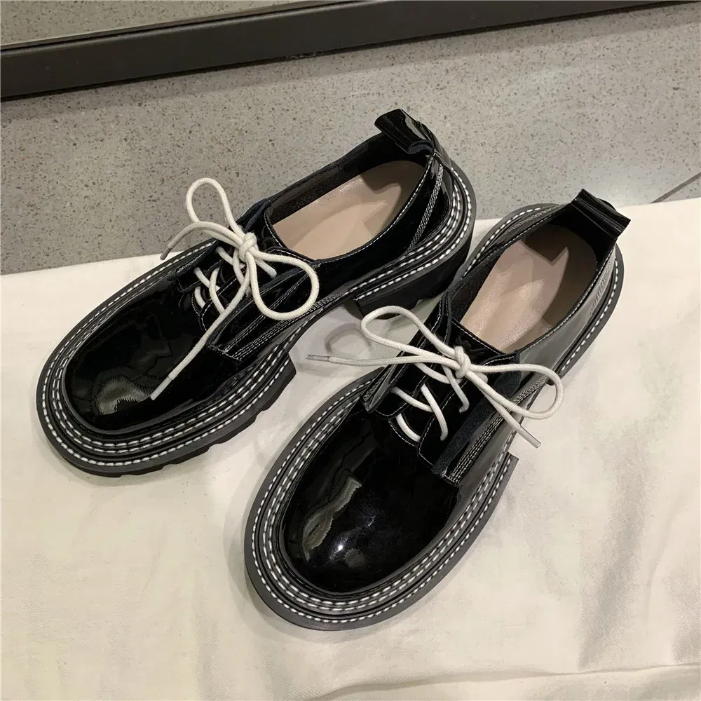 Color: Blue, Shoe Size: 5 - MILI-MIYA New Arrival Thick Heels Women Cow Patent Leather Pumps Lace Up Round Toe Fashion Street Casual Shoes Size 34-42
