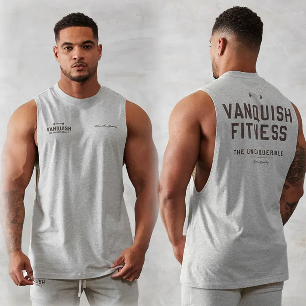 Color: GRAY, Size: M - Gym exercise fitness sports men's vest cotton wide shoulder round neck sleeveless shirt slim casual men's wear