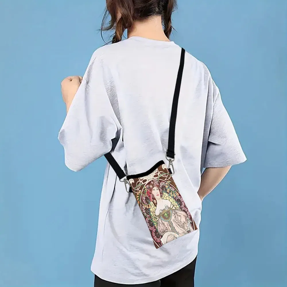 Color: Brown, Size: Extra Large - Alphonse Mucha Crossbody BagPrint Phone Wallet with Adjustable Shoulder Strap Unisex Design Daily Use, Travel,Gift 8.23