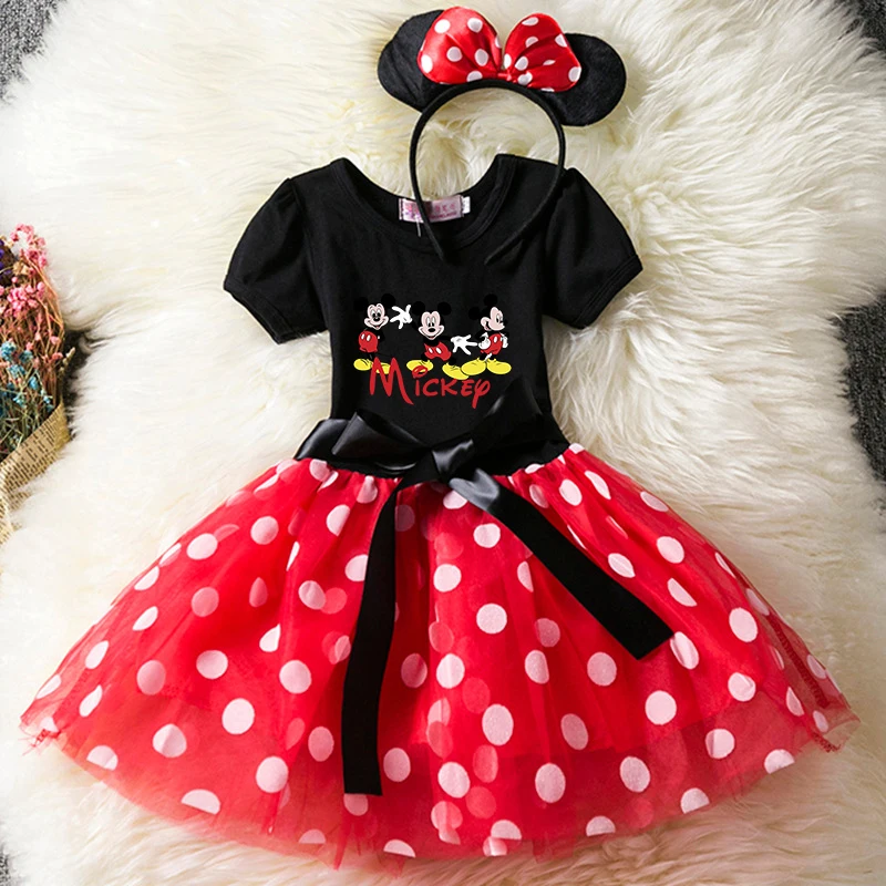 Color: MULTI, Size: XL - Cartoon Mickey Minnie Mouse Kids Short Sleeve Polka Dot Princess Dress 1-6Y Party Baby Girls Clothes Cosplay Costumes