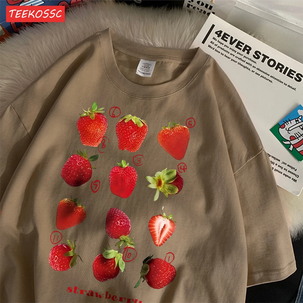 Color: Brown, Size: XXL - 100% Cotton Women T-shirt Cute Fresh Strawberries Printed Tee Shirt Summer Comfortable Loose Tops Street Fashion Female Clothes