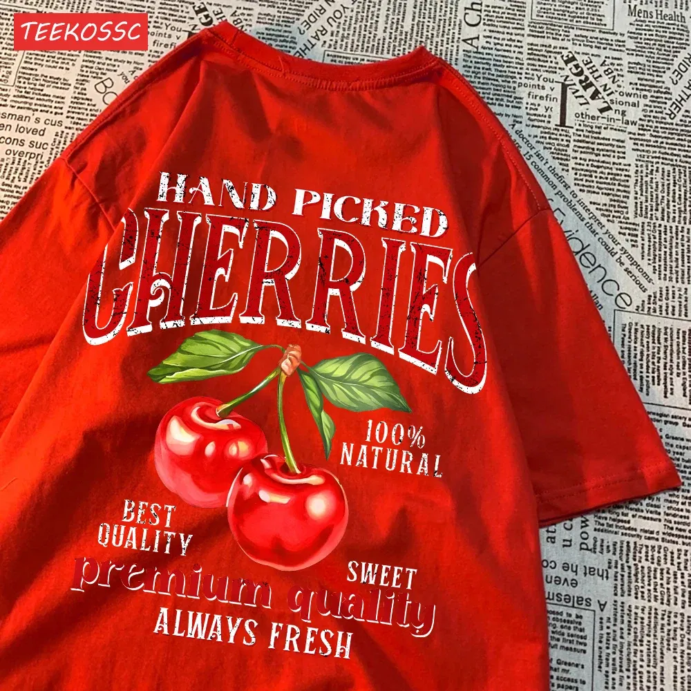 Color: Gold, Size: M - Summer Lemon Cherries Prints T-Shirts Cotton Women's Tops Oversize O-Neck Soft Short Sleeve tees Street Casual Womans Clothes