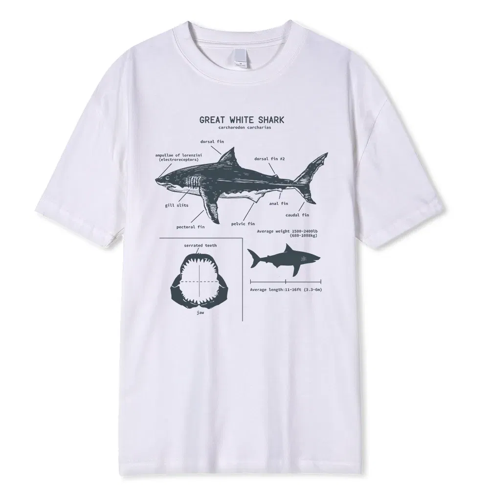 Color: Gold, Size: XXL - Great White Shark Anatomy T-Shirt New Summer Men Street Short Sleeve Hip Hop Punk Style Boy Casual Tops Fashion White Tees