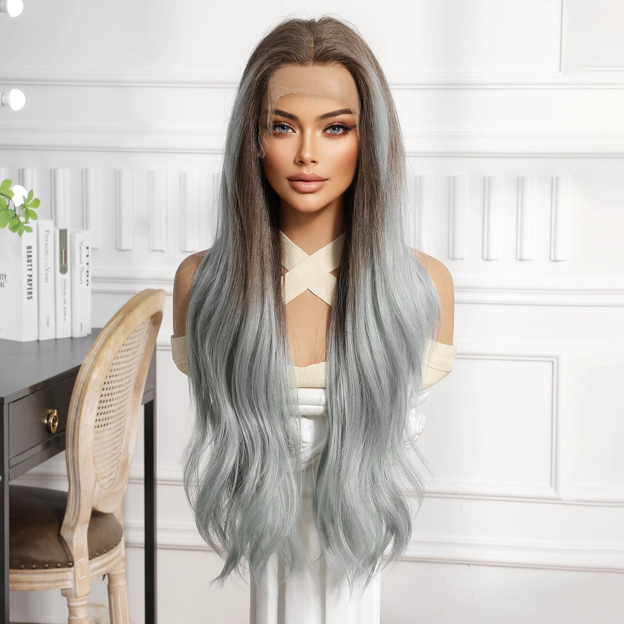 Color: #10, Bulk Buy: 1pc, Density: 150%, Ships From: CHINA - CharmSource 13x6 Lace Wig Long Wavy Brown Gray Wigs with Dark Root for Women Daily Party Cosplay Wedding High Density
