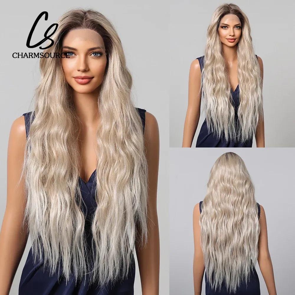 Color: #10, Bulk Buy: 1pc, Density: 150%, Ships From: CHINA - CharmSource 13x6 Lace Wig Long Wavy Brown Gray Wigs with Dark Root for Women Daily Party Cosplay Wedding High Density