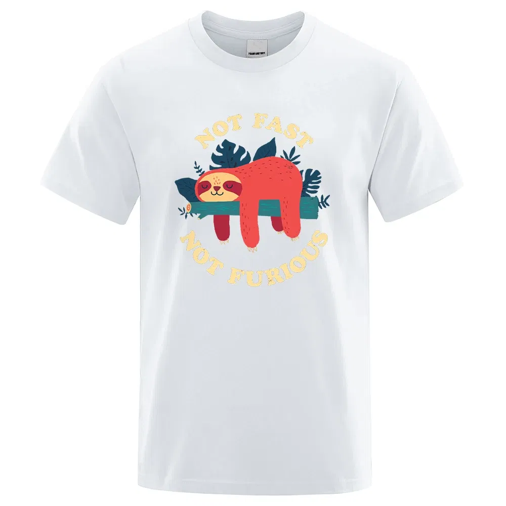 Color: WHITE, Size: XXL - Not Fast Not Furious Sloth Cute Print Men Tee Shirts Breathable Cotton Tops Street Fashion T-shirt Women Casual Summer T Shirts