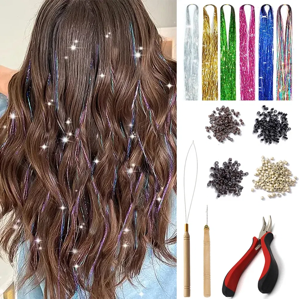 Color: Not Dyed, Stretched Length: 26inches - 48 Inch Hair Tinsel Kit With Tool 1200 strands Tinsel Hair Extensions 12 Colors Fairy Hair Tinsel, Sparkling Shiny Hair Tinsel