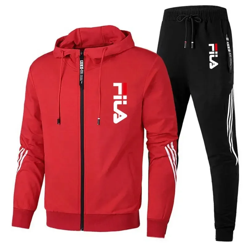 Color: Pink, Size: L, Ships From: CHINA - Men's spring and Fall outdoor zipper jacket + sweatpants jogging set Casual basketball fitness two-piece set