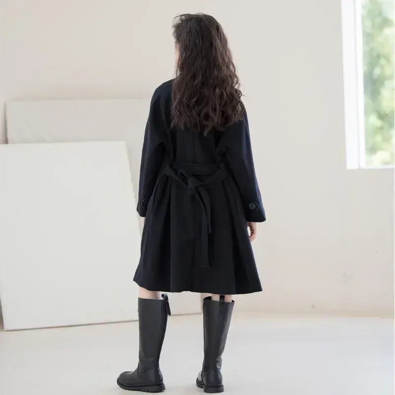 Color: Blue, Kid Size: 4 - Winter Girls Wool Coat Long Double-faced Tweed Overcoat for Kids Fashion Casual Grey 10 12 14 Years Teenage Children Outerwear