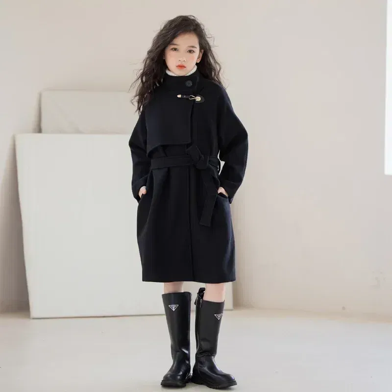 Color: Blue, Kid Size: 4 - Winter Girls Wool Coat Long Double-faced Tweed Overcoat for Kids Fashion Casual Grey 10 12 14 Years Teenage Children Outerwear