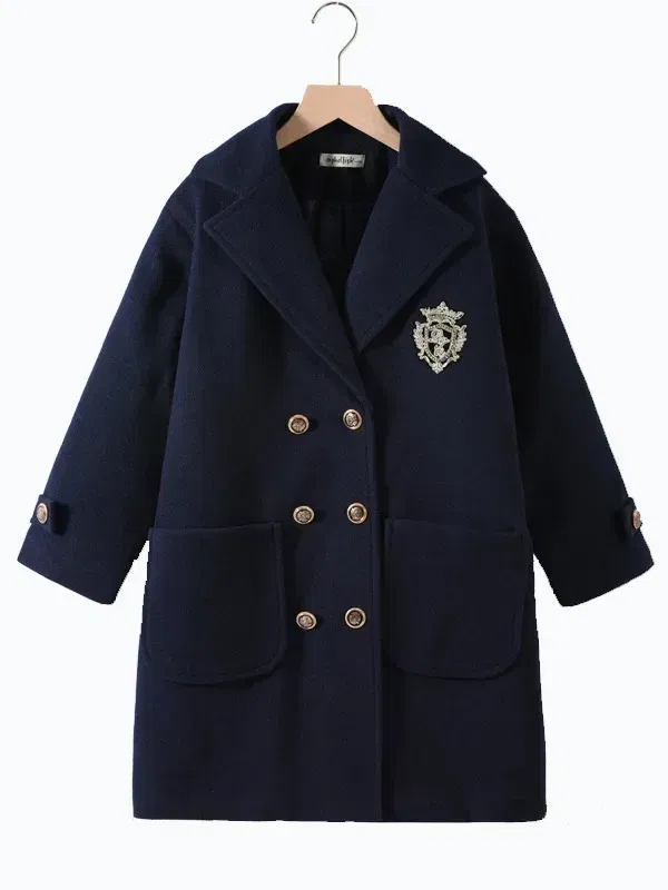 Color: Blue, Kid Size: 4 - Winter Girls Wool Coat Long Double-faced Tweed Overcoat for Kids Fashion Casual Grey 10 12 14 Years Teenage Children Outerwear