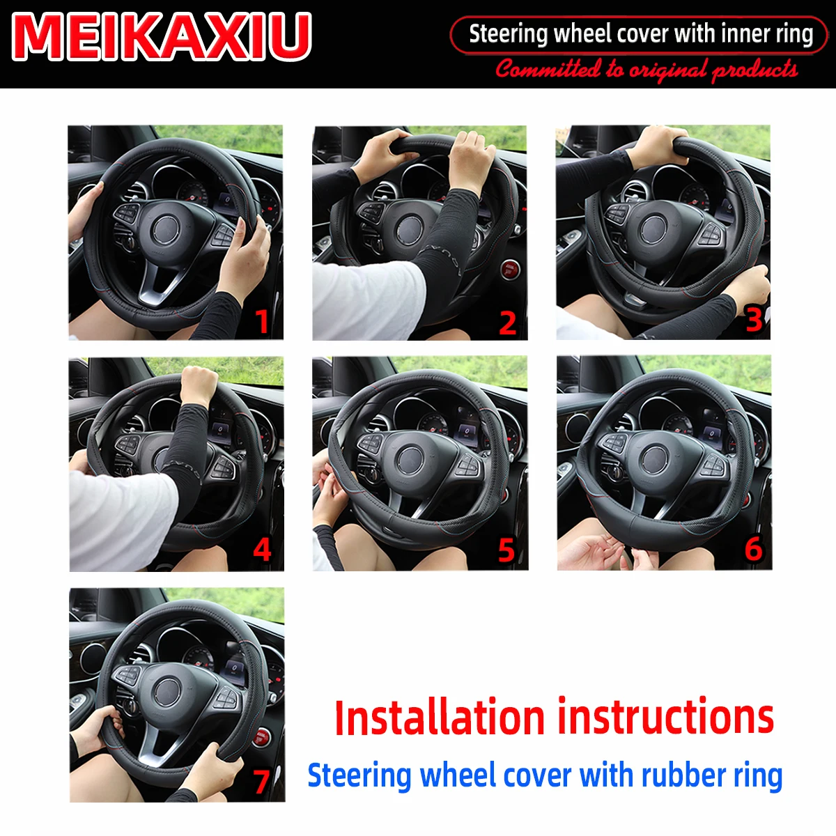 Color Name: Blue - New PU sheepskin embroidered double-thread car has an inner ring steering wheel cover suitable for 36cm, 37cm and 38cm