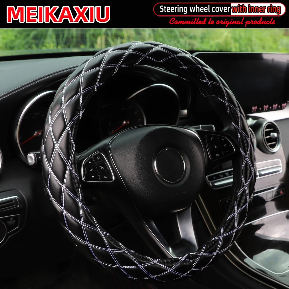 Color Name: Blue - New PU sheepskin embroidered double-thread car has an inner ring steering wheel cover suitable for 36cm, 37cm and 38cm