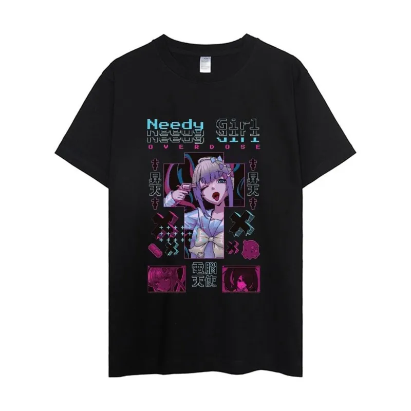 Color: black, Size: XXS - NEEDY GIRL OVERDOSE T Shirt Men Couple Combination Clothes Short Sleeve Collar Fashion Woman Cotton