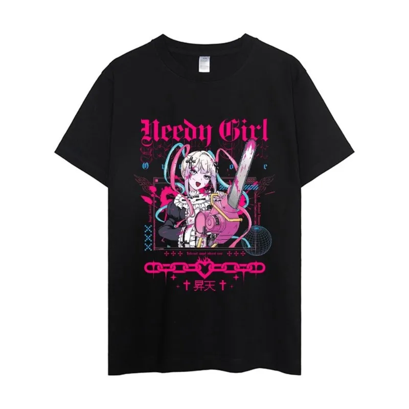 Color: black, Size: XXS - NEEDY GIRL OVERDOSE T Shirt Men Couple Combination Clothes Short Sleeve Collar Fashion Woman Cotton