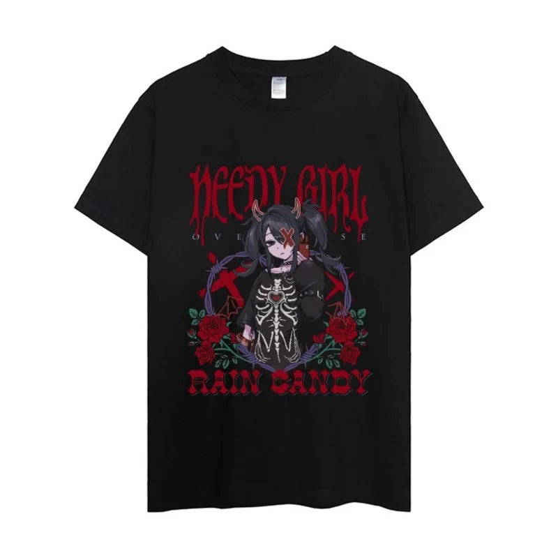 Color: black, Size: XXS - NEEDY GIRL OVERDOSE T Shirt Men Couple Combination Clothes Short Sleeve Collar Fashion Woman Cotton