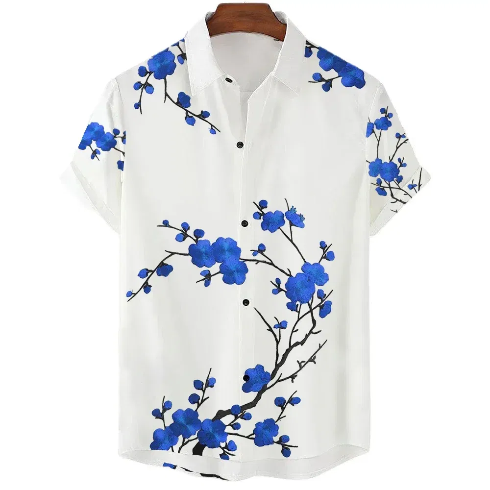 Color: Beige, Size: XXXL - Fashionable Luxury Social men's Shirt Lapel button-down Shirt Casual Japanese Aesthetic Cherry Blossom Print short-sleeved Tops