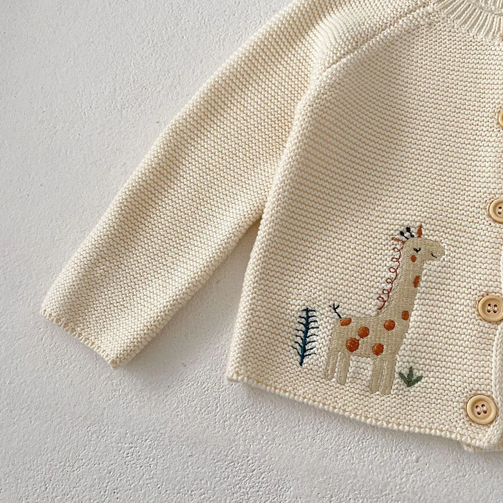 Color: Beige, Kid Size: 24M - 0-3 Y Autumn Baby Girls Clothes Animal Embroidery Sweaters Beige Knitwear O Neck Cardigans