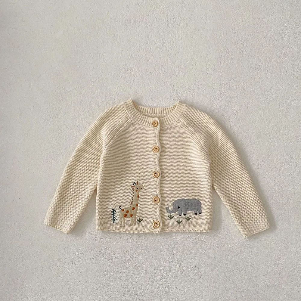 Color: Beige, Kid Size: 24M - 0-3 Y Autumn Baby Girls Clothes Animal Embroidery Sweaters Beige Knitwear O Neck Cardigans