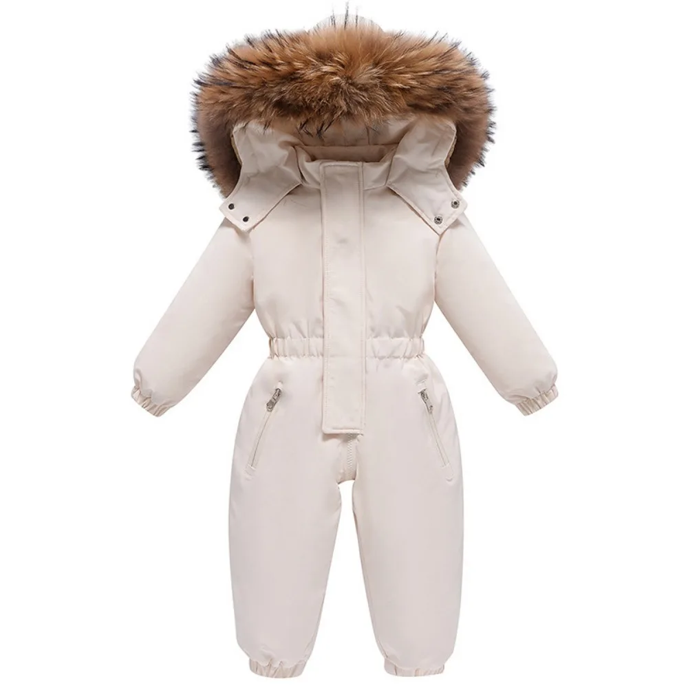 Color: Beige, Kid Size: 12M - 2024 New Cute Simple Children's One-piece Down Jacket 1-6 Years Old Outdoor Skiwear Jacket Crawling Suit Boys Girls Onesie