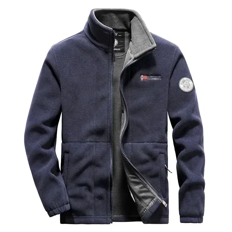 Color: Beige, Size: XXL - Men Fleece Jacket Pockets Thicken Polar Norway Ski Jackets Cold-proof Overcoat Plus Size Outwear Autumn Winter Casual Warm Coat